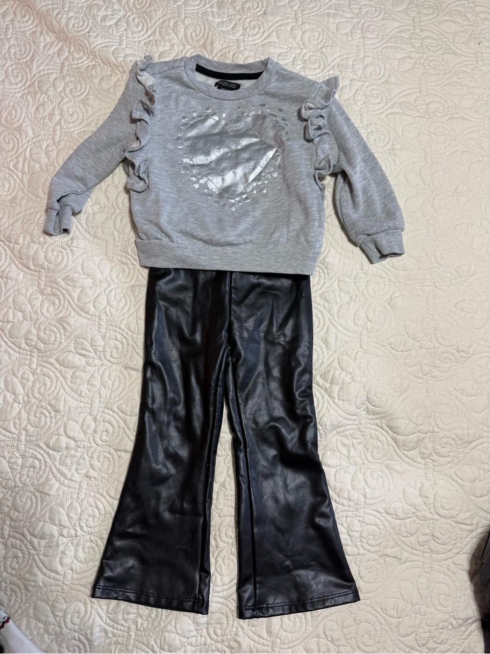 Rachel Zoe Girls' Gray Love Ruffles Sweatshirt & Black Faux Leather Flare pants